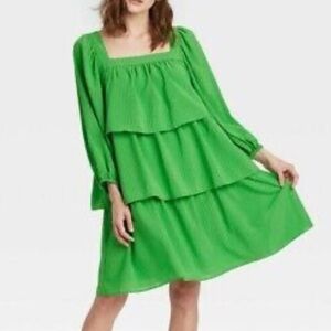 NWT! Square Neck Checkered Tier Layer Bubble Sleeve Dress - Color: Online Lime